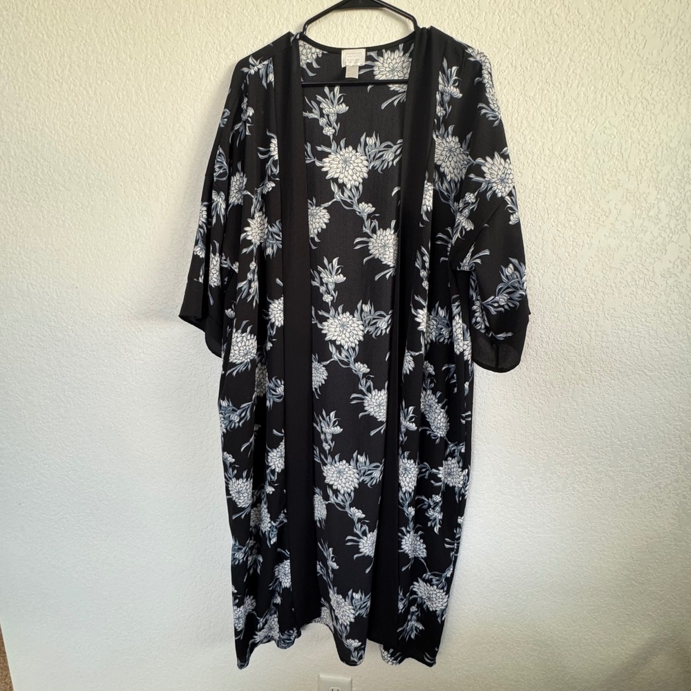 Kimono Duster Women One Size Black Floral Open Front Long Cardigan